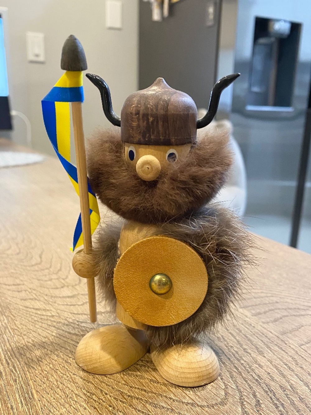 Vintage Swedish Wooden Viking Figurine with Fur and Flag (Mid-Century Modern Sca